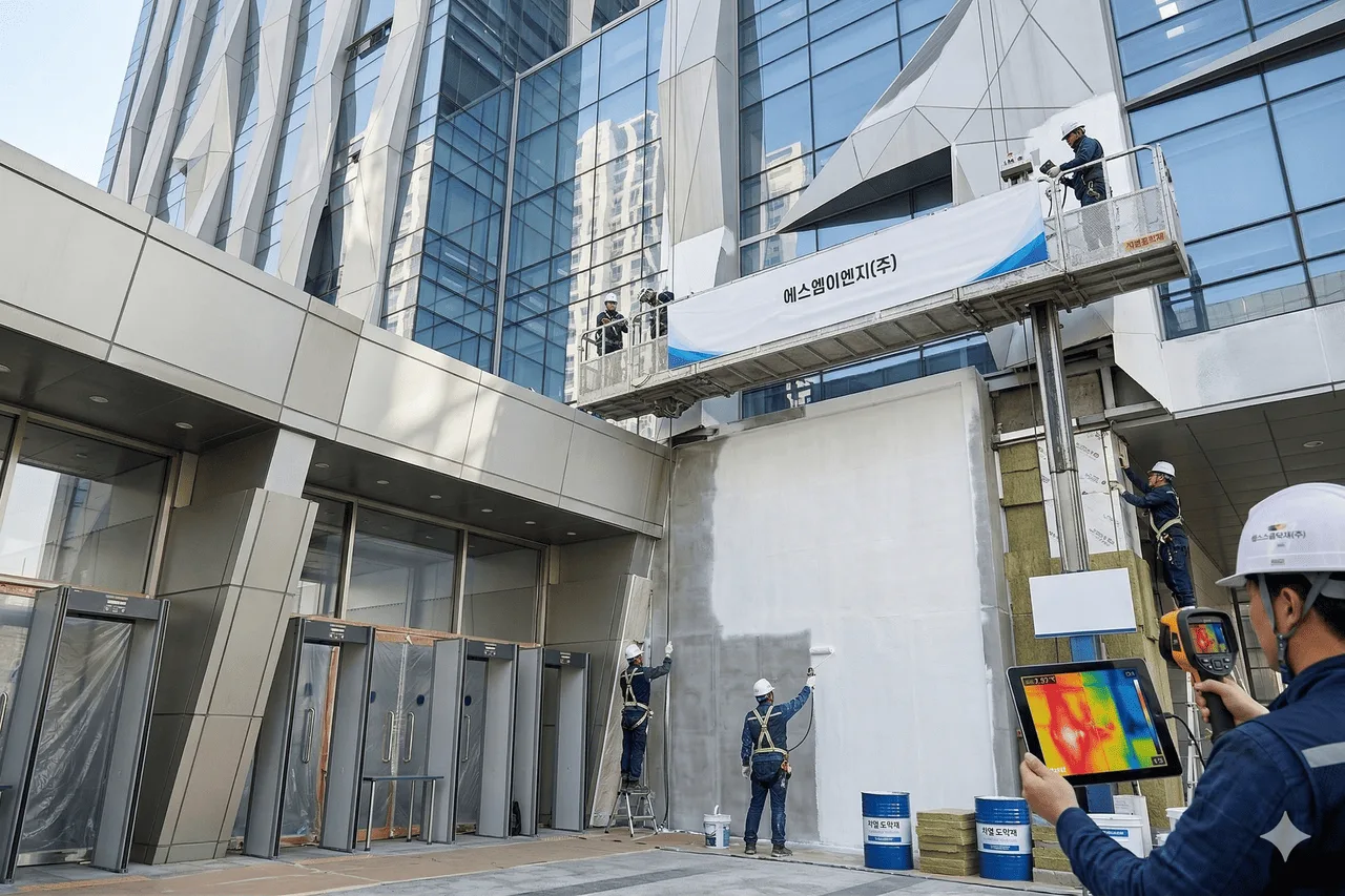건물 외벽 점검 및 보수 작업 현장